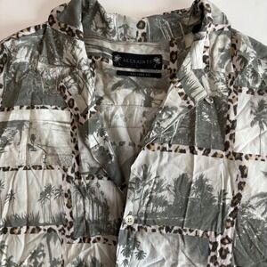 AllSaints Mens Relaxed Fit Palm Tree Leopard Print Viscose Shirt Large Resort